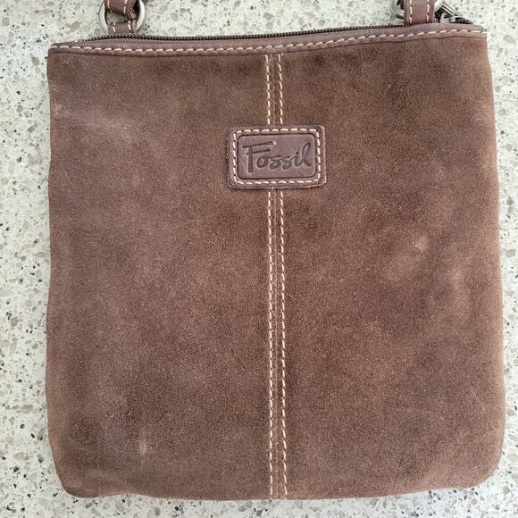 Fossil Brown Leather Suede Crossbody Bag Floral Stud Grommet Applique Full Zip - Picture 13 of 15